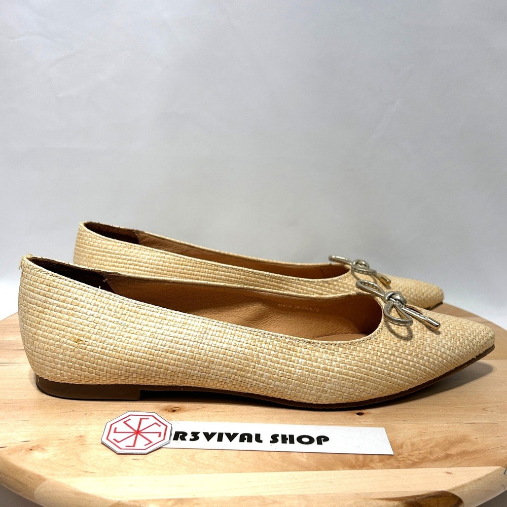 Jack Rogers Woven Raffia Pointed Toe Ballet Flats Beige Metallic Bow - Size 8.5M - Picture 2 of 12
